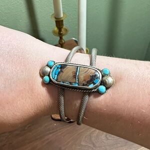 Genuine Turquoise, Wood & Sterling Silver Cuff